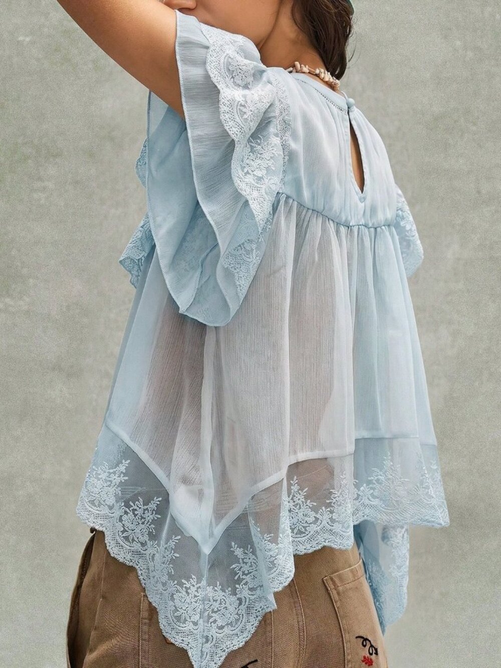 Blue Bohemian Women's Embroidered Ruffled Lace Patchwork Blouse - Picture 4 of 9